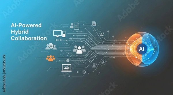 Obraz AI Sphere with Data Connections Leading to Hybrid Collaboration and Workplace Icons Highlighting AIPowered Teamwork and Digital Transformation