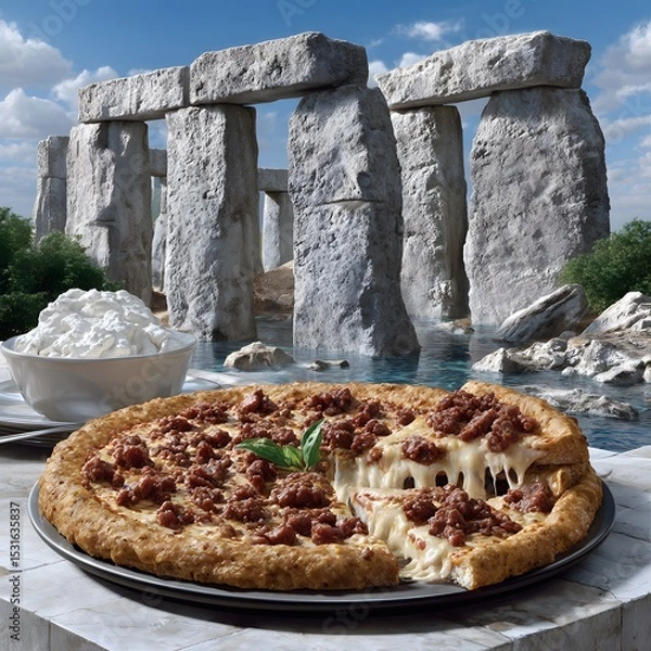 Fototapeta Pizza beside ancient stone structure, creamy topping