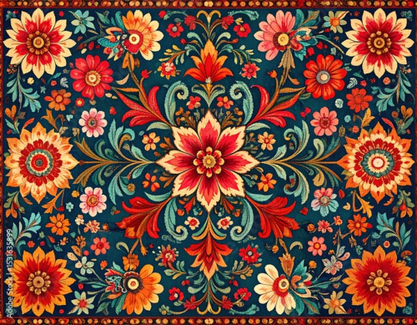 Fototapeta Vibrant tapestry woven with floral motifs, showcasing vintage vignette perfect for celebrations and adding charm to any space