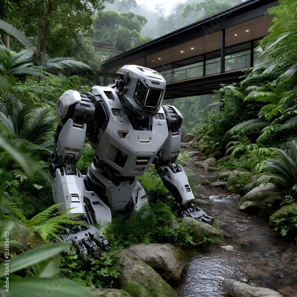 Fototapeta Robot by a jungle stream, modern bridge
