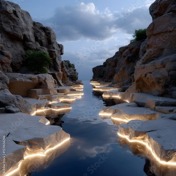 Fototapeta Rocky canyon, illuminated stream