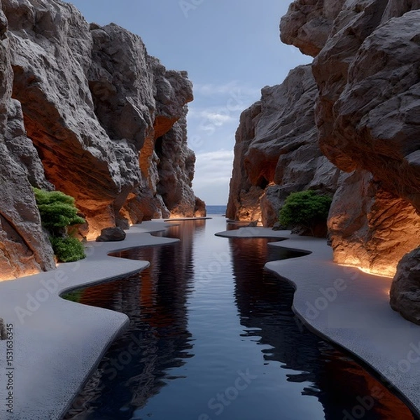 Fototapeta Rocky canyon, reflecting pool,  sunset glow
