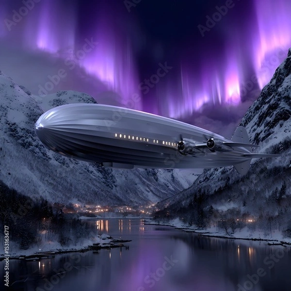 Fototapeta Silver airship over snowy fjord, vibrant aurora borealis