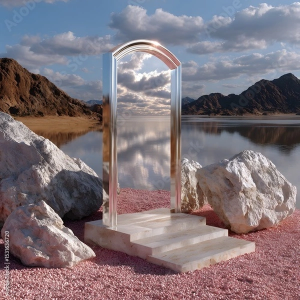 Fototapeta Silver archway portal on a pink-sand beach, reflecting serene sky over calm lake