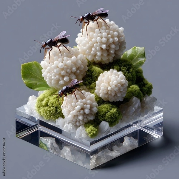 Fototapeta Small, acrylic cube displays clusters of off-white, bead-like objects atop moss and leaves.  Three insects are on top
