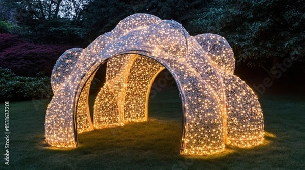 Fototapeta Illuminated archway structure in a garden at night