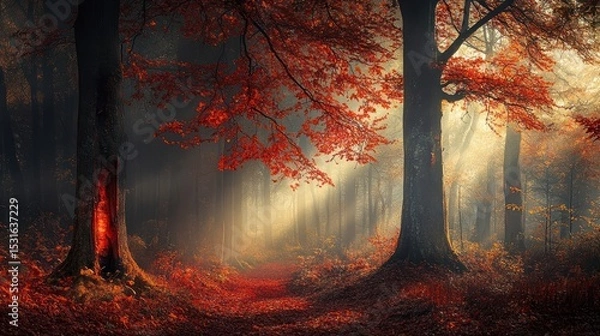 Fototapeta Autumnal forest path, vibrant reds, misty light