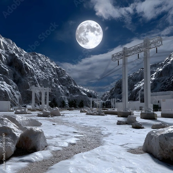 Fototapeta Snowy mountain valley at night, full moon, power lines