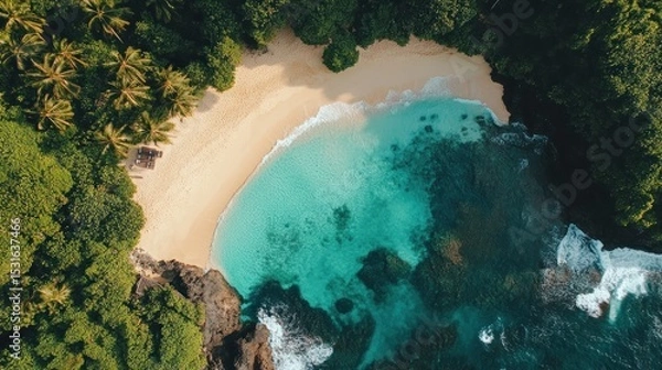 Fototapeta Aerial view of a secluded tropical beach cove, surrounded by lush greenery and turquoise water