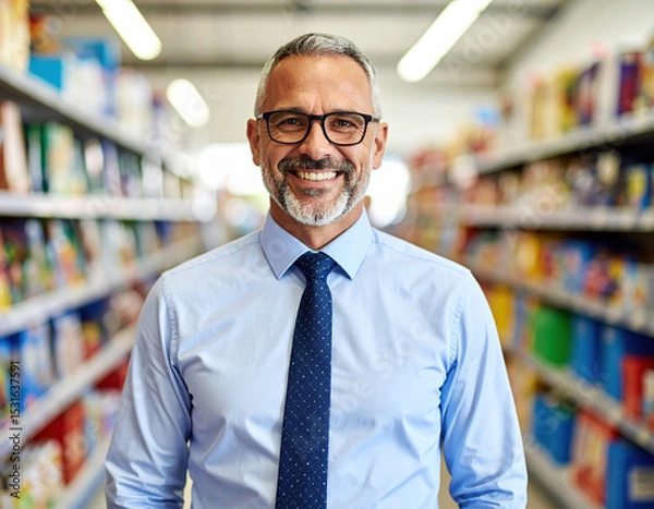 Fototapeta Smiling middle aged man with glasses and tie stands in colorful toy store aisle, exuding warmth and friendliness. vibrant shelves filled with toys create cheerful atmosphere