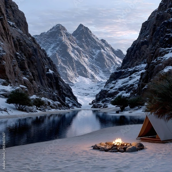 Fototapeta Snowy mountain valley with serene lake and campfire