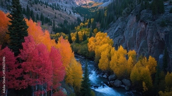Fototapeta Autumnal canyon with vibrant red and yellow aspen trees lining a rushing river