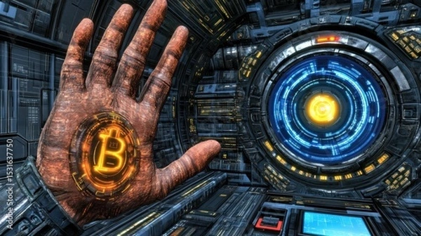 Fototapeta Rusty hand with glowing Bitcoin symbol in futuristic space station