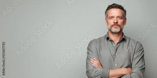 Obraz Confident Middle-Aged Man in Gray Shirt Against a Neutral Background