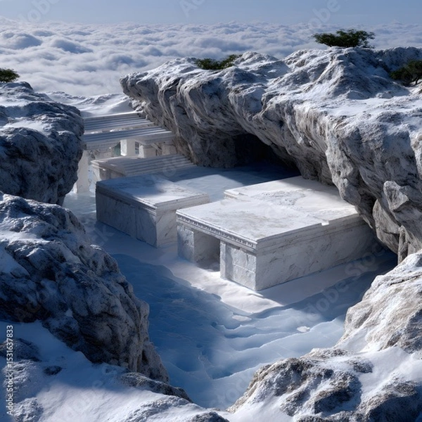Fototapeta Snowy mountaintop, white structures nestled in a rocky canyon, clouds in the background