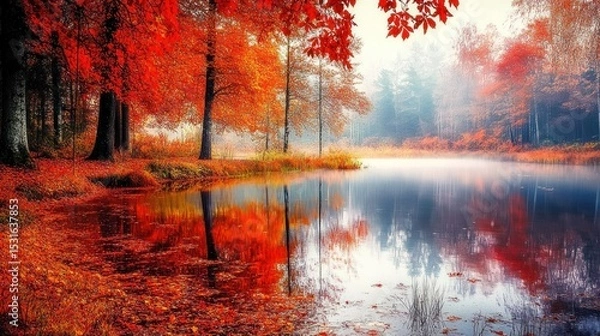 Fototapeta Autumnal forest reflecting in a calm lake