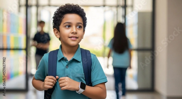Obraz Young South Asian boy with curly hair backpack and smartwatch smiling in school hallway ready for learning