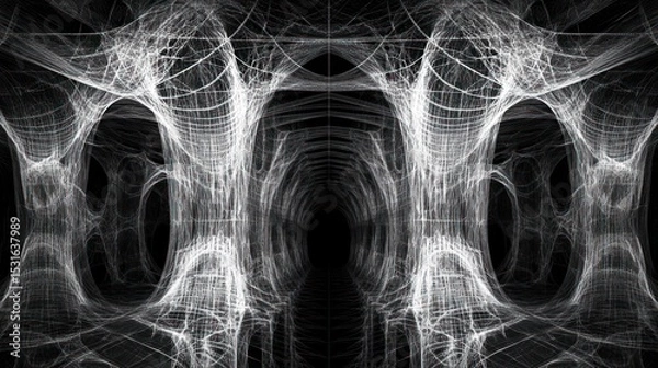 Obraz Abstract, symmetrical, spiderweb-like structures in grayscale on dark background