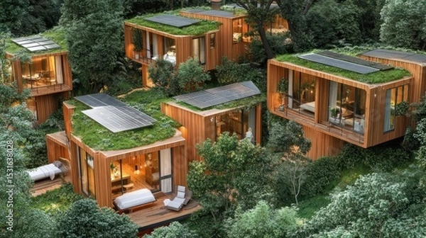 Fototapeta Aerial view of eco-friendly wooden cabins nestled within a lush forest