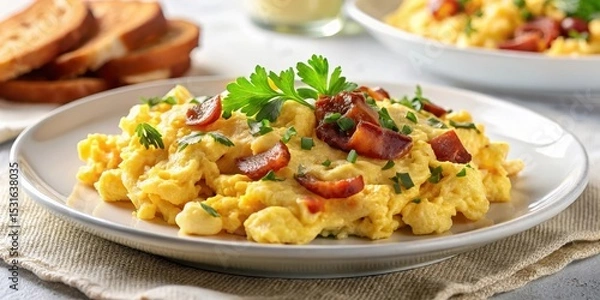 Fototapeta Fluffy scrambled eggs with crispy bacon and tangy mustard on a white plate background