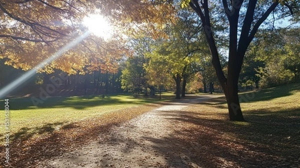 Fototapeta Sunny autumn park path lined with trees