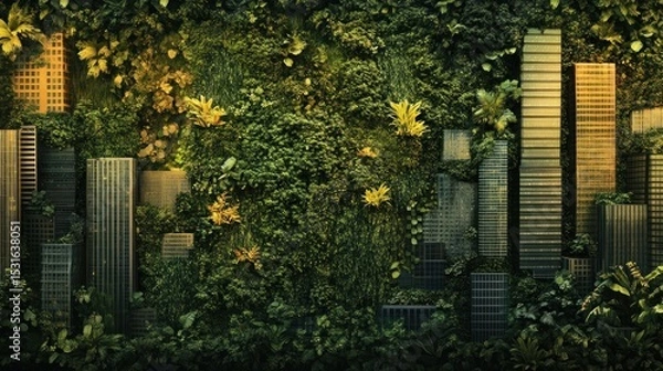 Fototapeta Cityscape nestled within a lush green wall