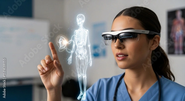 Fototapeta Female doctor using augmented reality glasses to view and interact a glowing human skeleton hologram for medical education and diagnostics