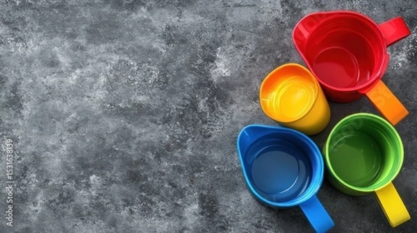 Fototapeta Colorful plastic pitchers on dark gray textured surface