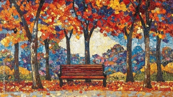 Fototapeta Autumnal park scene, colorful mosaic bench