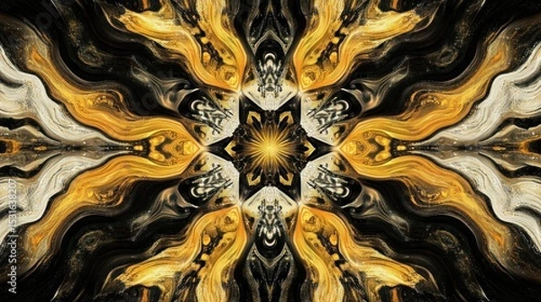 Fototapeta Abstract, symmetrical, fractal design with flowing, golden-orange, black, and white patterns radiating from a central starburst