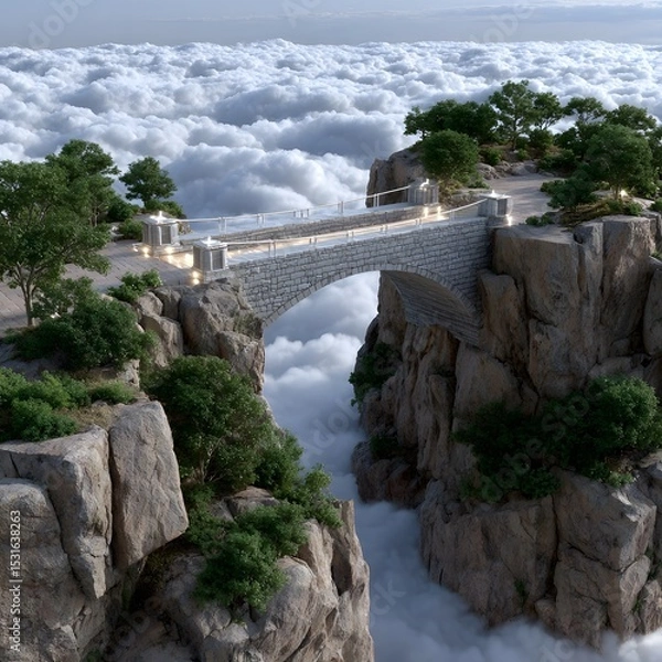 Fototapeta Stone bridge spanning a chasm above clouds, with rocky cliffs and greenery