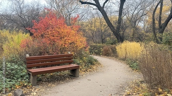 Fototapeta Autumn park path with bench