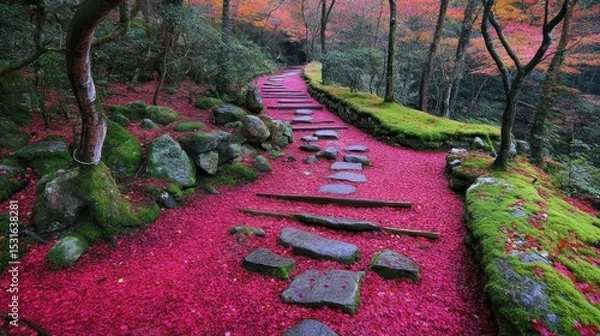 Fototapeta Autumnal pathway through a serene Japanese garden