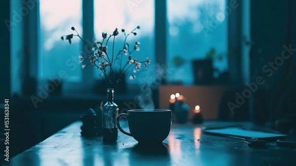 Fototapeta Cozy interior scene with a cup of steaming coffee and small flowers