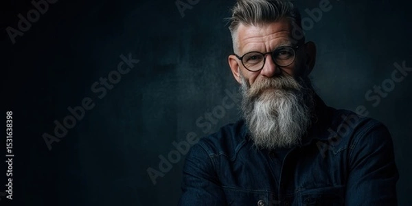 Obraz Stylish Older Man with a Beard and Glasses in a Dark Studio Setting
