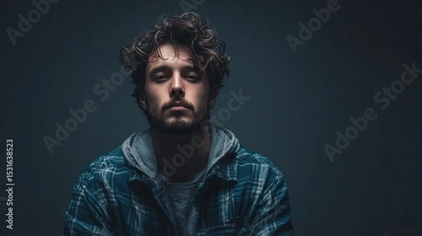 Obraz Contemplative Young Man in Casual Attire with Curly Hair Against a Dark Background