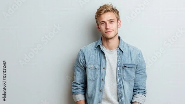 Obraz Casual Portrait of a Young Man in Denim Shirt Against a Neutral Background