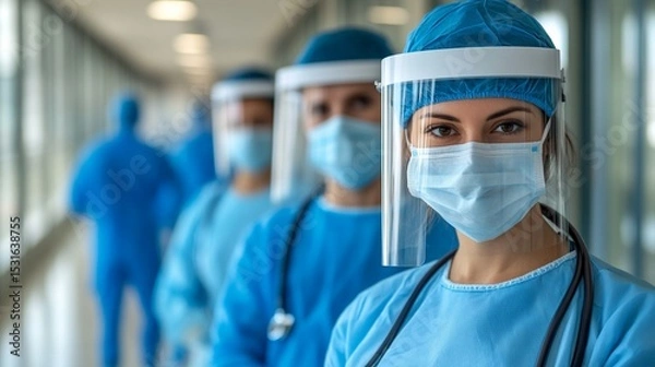 Fototapeta Healthcare professionals in protective gear pose in a brightly lit corridor, showcasing their commitment and readiness to fight against health challenges.