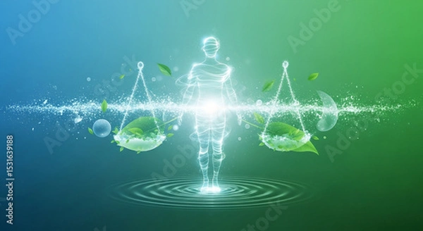 Fototapeta Digital Human Silhouette with Glowing Energy Standing Between Balanced Scales of Nature and Elements Symbolizing Holistic Wellness and Environmental Balance