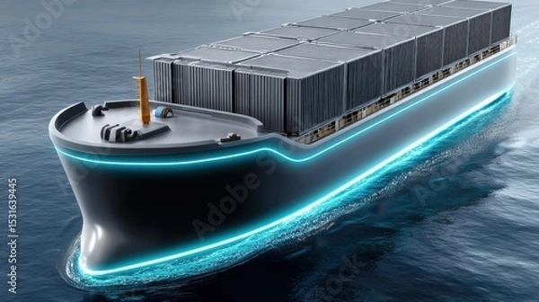 Obraz Digital representation logistic transportation. Futuristic cargo ship with glowing accents sailing through calm waters, showcasing modern maritime design and technology.