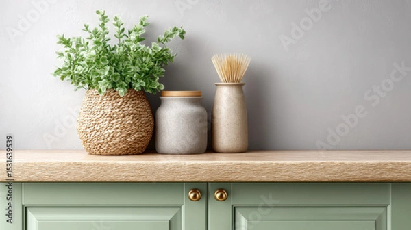 Obraz Serene coastal cottage showcases beautiful interiors with charming arrangement of greenery and elegant decor on wooden countertop