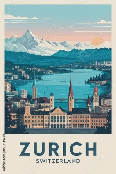 Obraz Vintage Zurich Travel Poster with Lake View and Swiss Alps – Retro Switzerland Cityscape Illustration