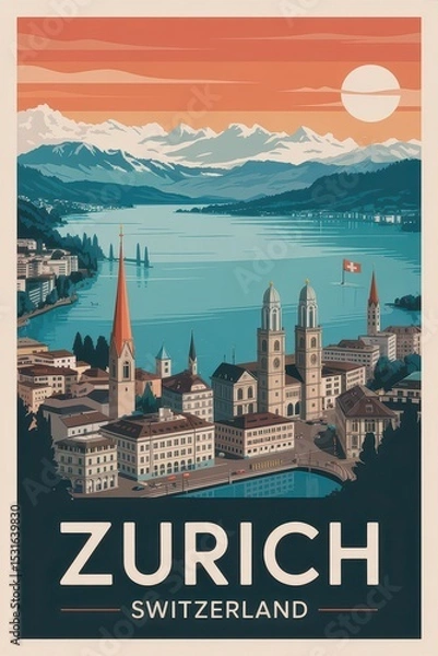 Obraz Vintage Zurich Travel Poster with Lake View and Swiss Alps – Retro Switzerland Cityscape Illustration