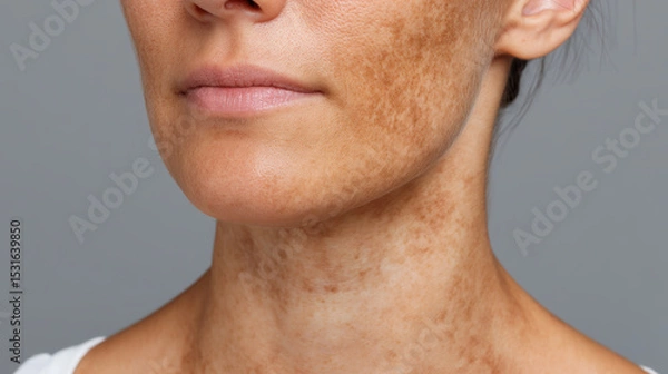 Obraz Acanthosis nigricans is visible on neck and lower face of woman with brown hyperpigmentation and velvety skin texture, highlighting common dermatological condition