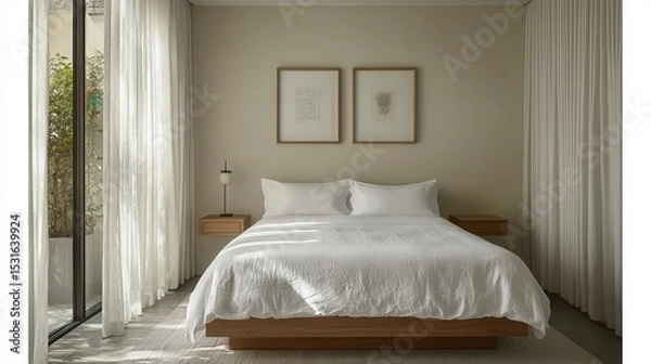 Obraz Serene Minimalist Bedroom Design with Natural Light and Linen Bedding