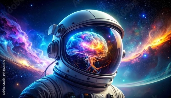 Fototapeta Astronaut Helmet with Swirling Nebula Brain