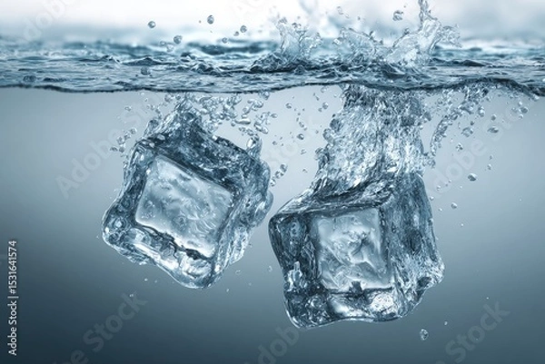 Obraz Two ice cubes plunging into water, creating splashes