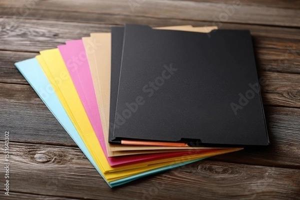 Obraz Colorful file folders stacked on a wooden table