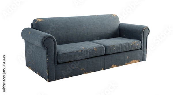 Obraz Old blue fabric sofa with scratches and worn areas isolated on transparent background