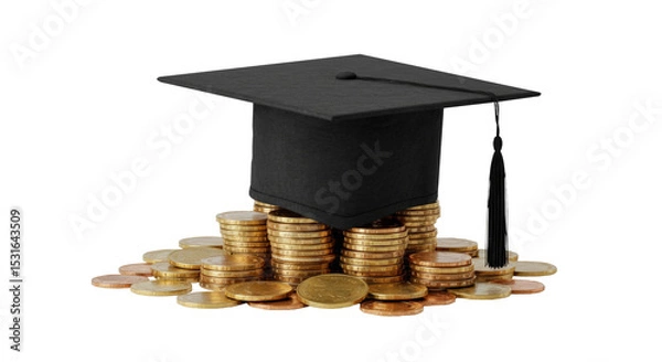 Obraz Graduation cap on gold coins symbolizing education cost isolated on transparent background